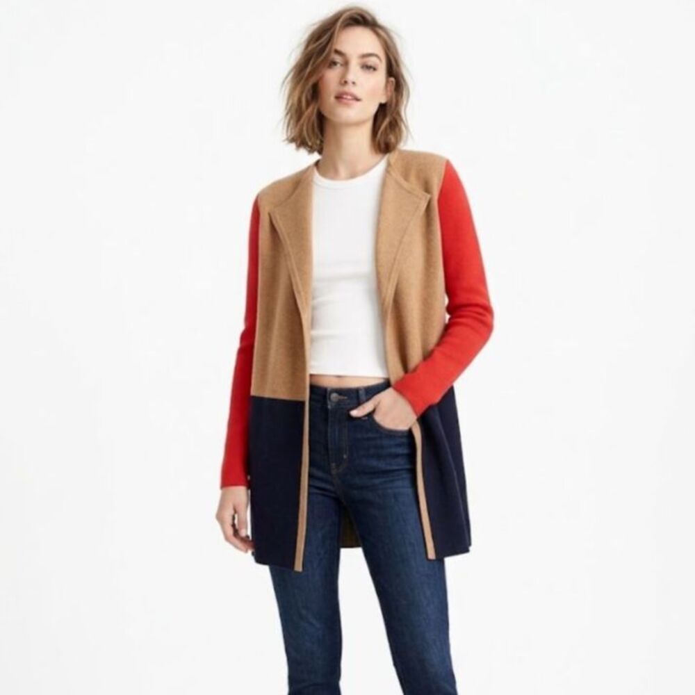 J. Crew Women's Vanessa Tan Red Navy Color-Block Open Front Long Cardigan Sz XS